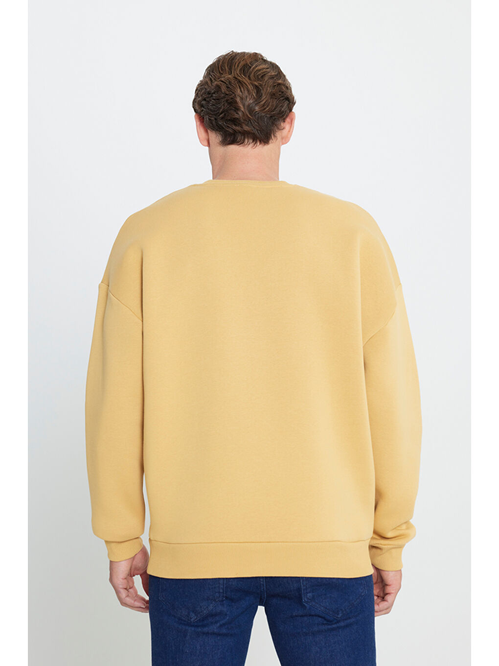 Sarı Erkek Hardal Oversize Fit Bol Kesim Pamuklu İçi Polarlı Bisiklet Yaka Sweatshirt-4