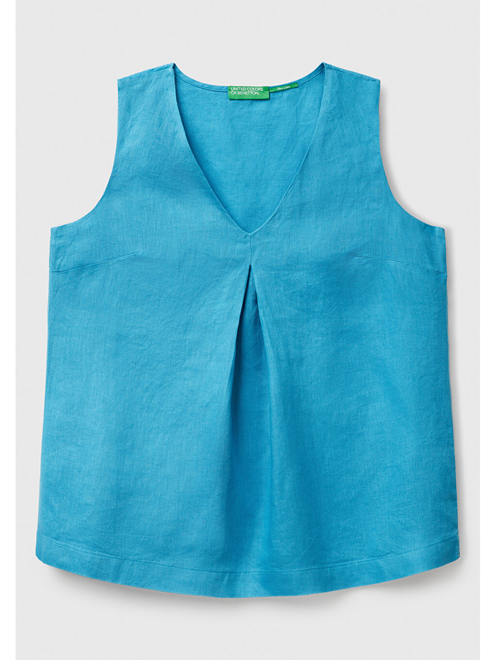 Kadın Mavi %100 Keten V Yaka Kolsuz Geniş Kesim Bluz-1