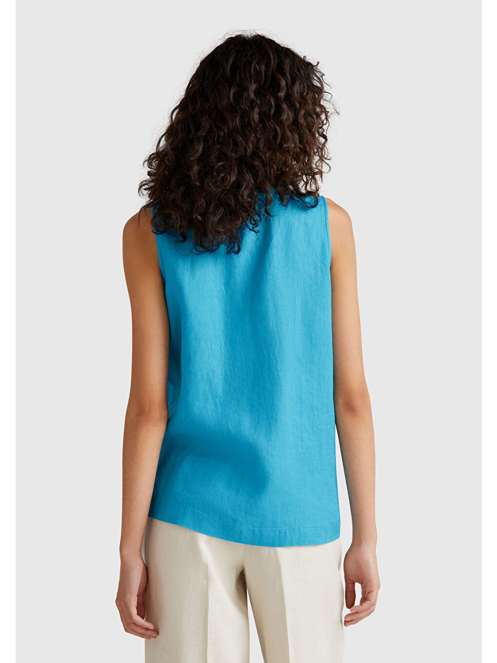 Kadın Mavi %100 Keten V Yaka Kolsuz Geniş Kesim Bluz-2