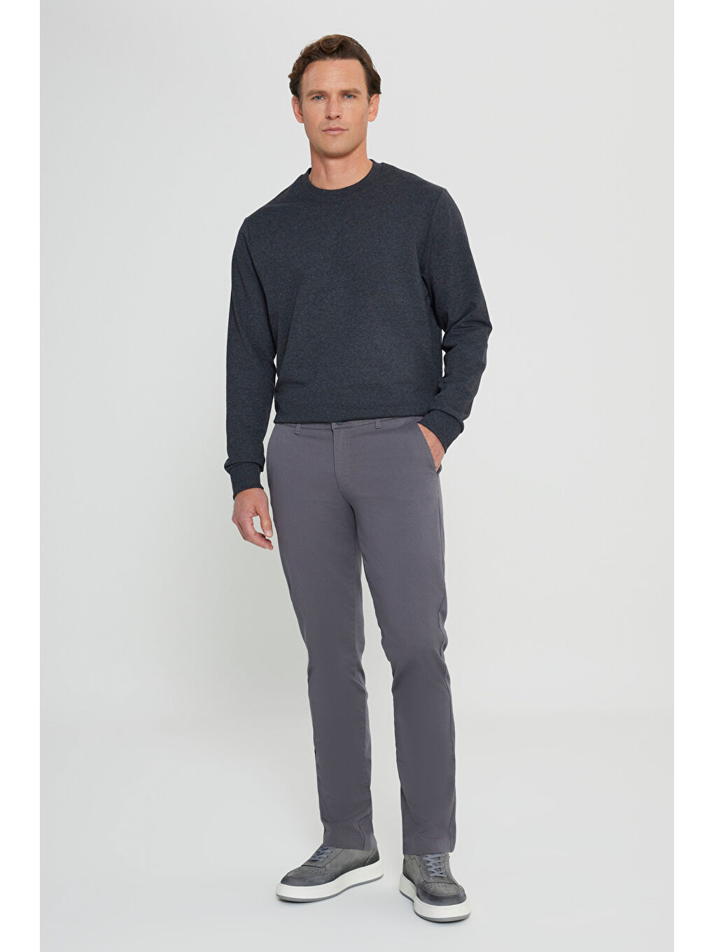 Erkek Antrasit-Melanj Standart Fit Normal Kesim 2 İplik Recycle Pamuklu Bisiklet Yaka Sweatshirt-1