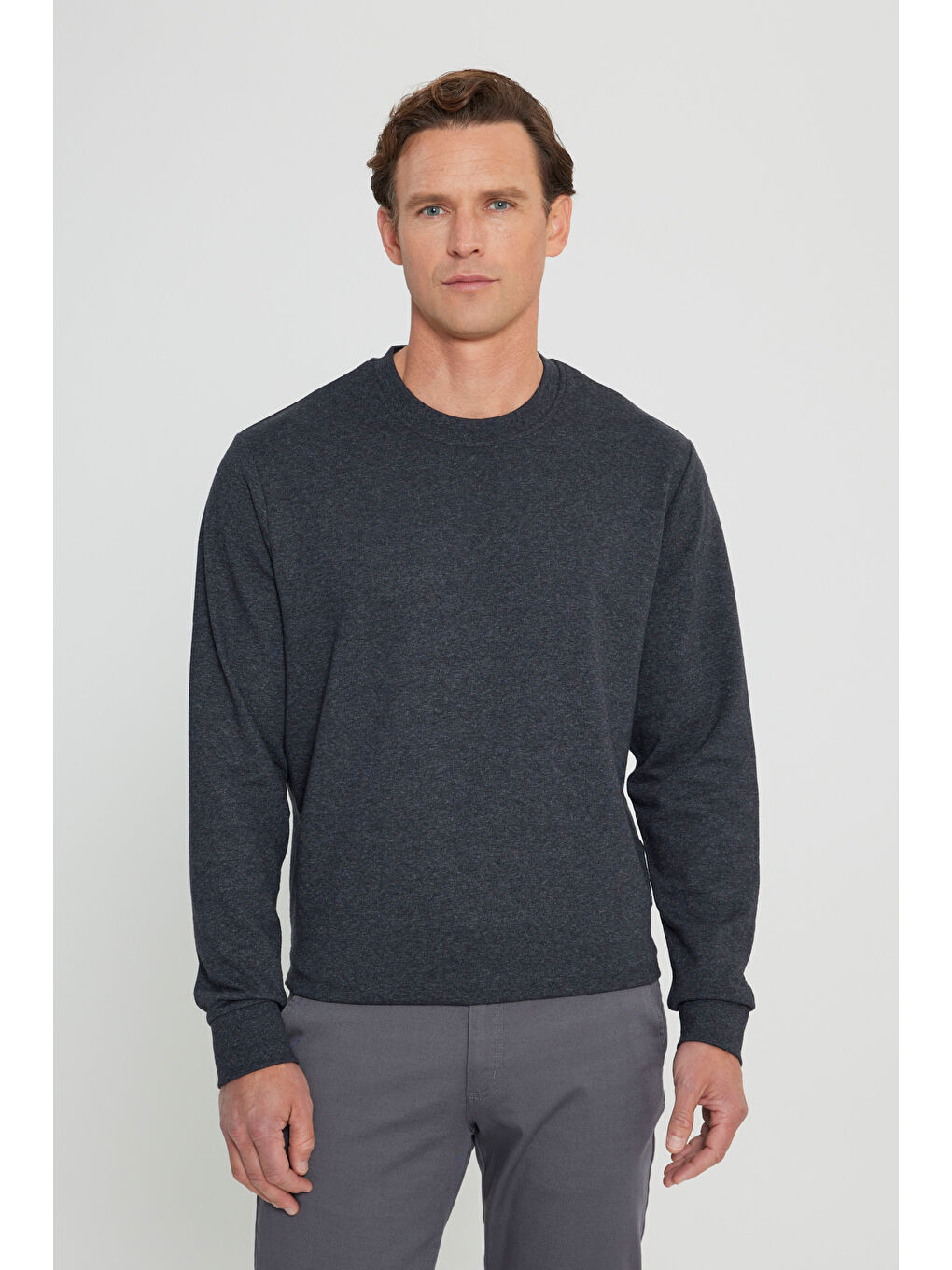 Erkek Antrasit-Melanj Standart Fit Normal Kesim 2 İplik Recycle Pamuklu Bisiklet Yaka Sweatshirt-2