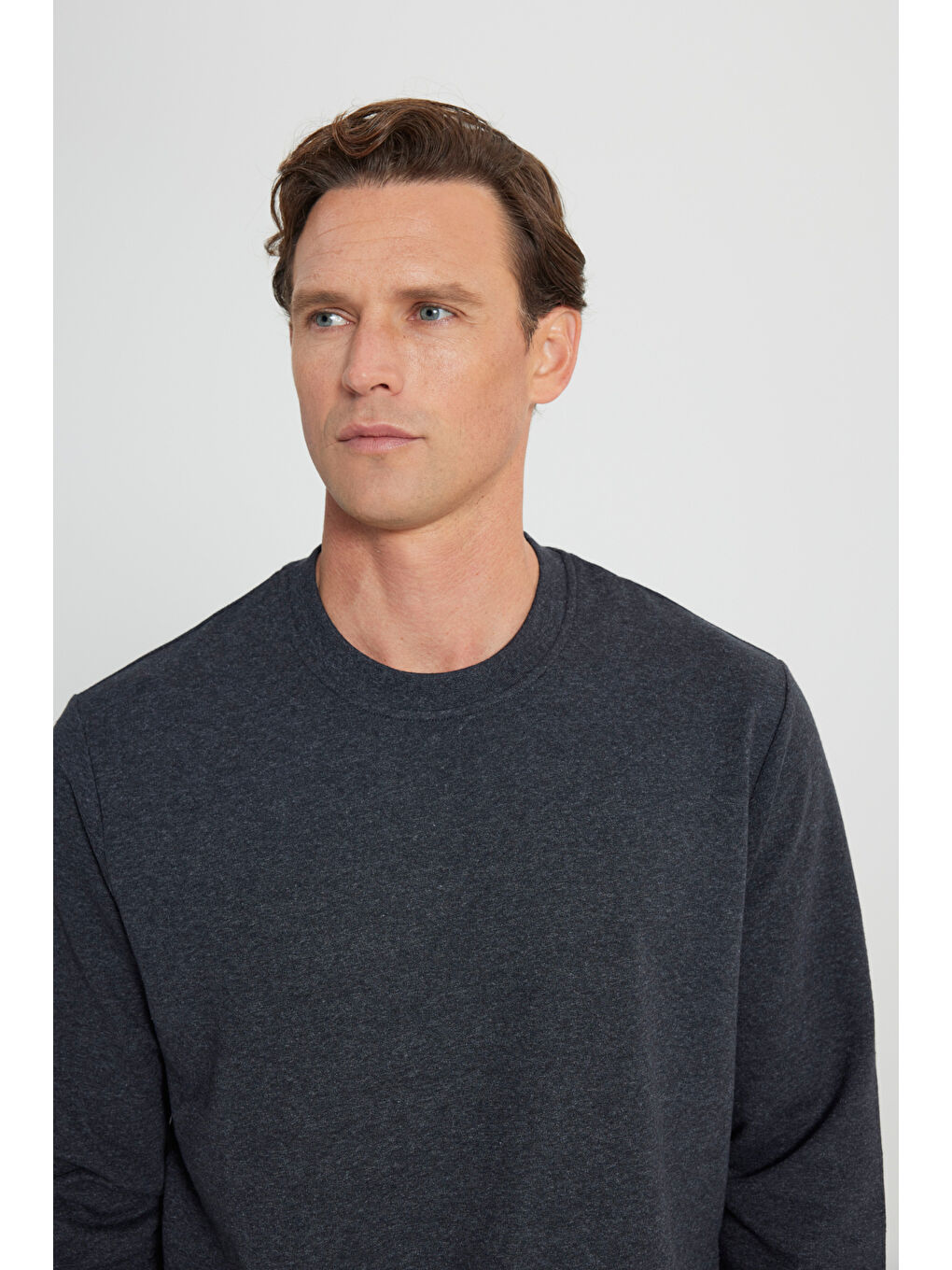 Erkek Antrasit-Melanj Standart Fit Normal Kesim 2 İplik Recycle Pamuklu Bisiklet Yaka Sweatshirt-3