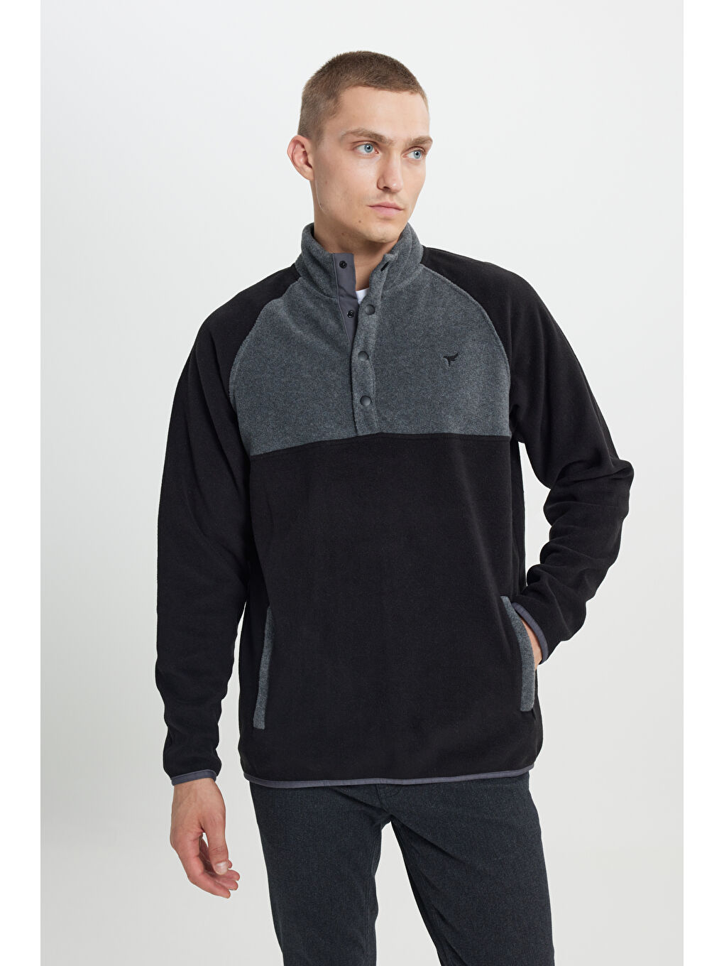 Erkek Siyah-Açık Melanj Standart Fit Normal Kesim Bato Yaka Desenli Polar