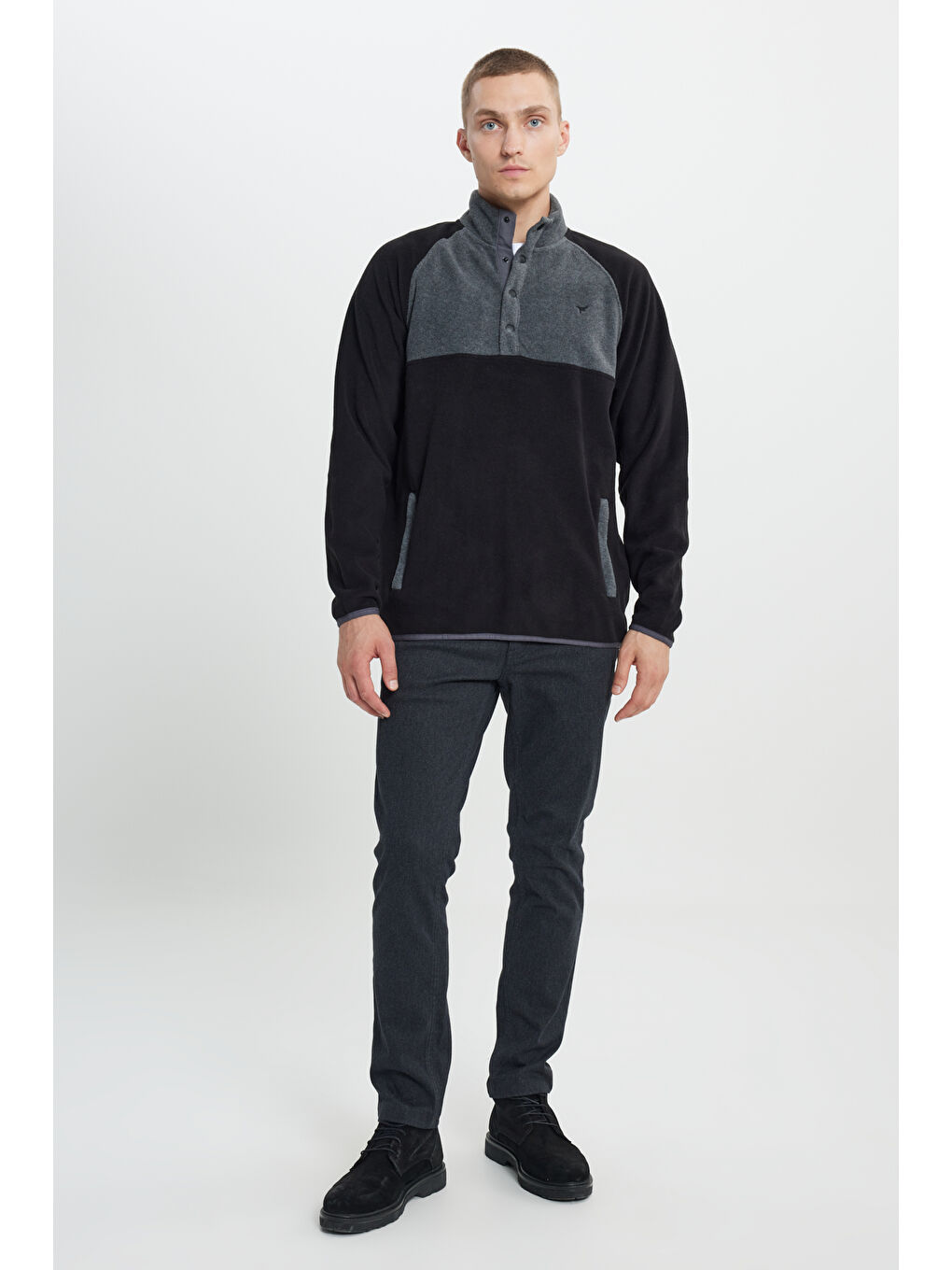 Erkek Siyah-Açık Melanj Standart Fit Normal Kesim Bato Yaka Desenli Polar-1