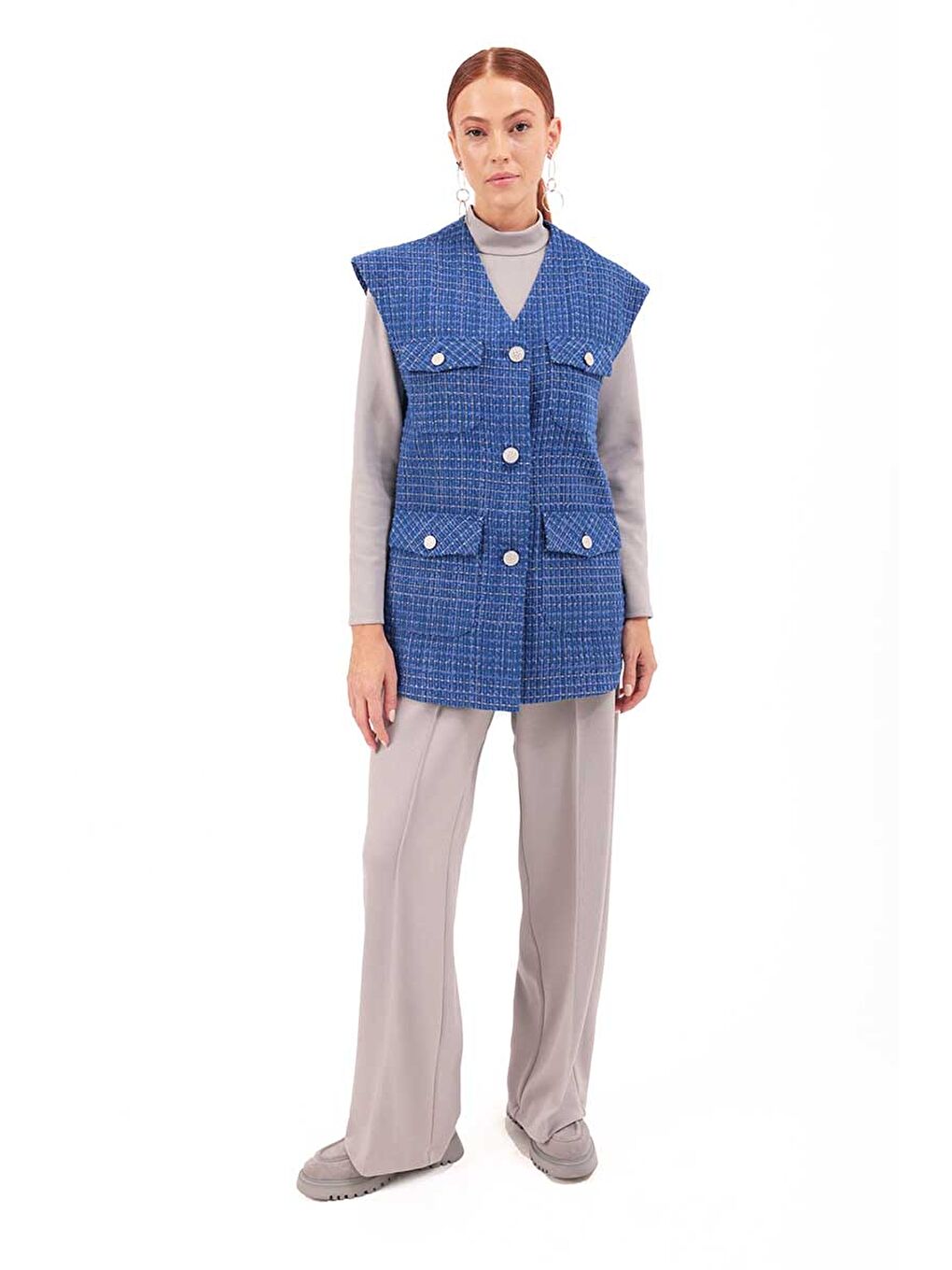 Mavi Saks Cep Detaylı Yelek