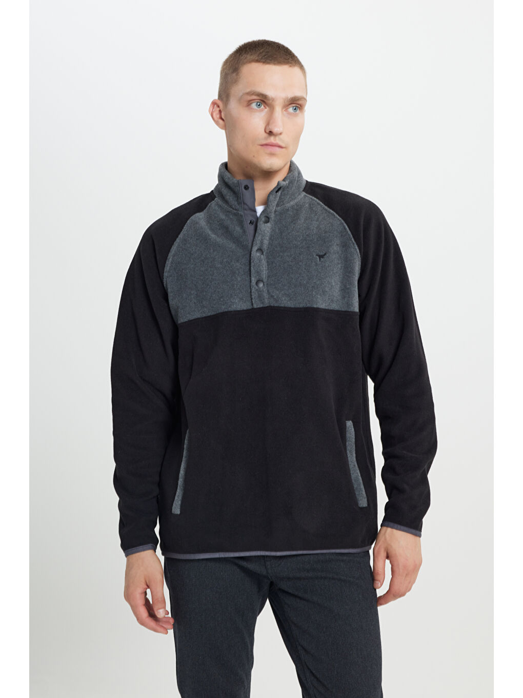 Erkek Siyah-Açık Melanj Standart Fit Normal Kesim Bato Yaka Desenli Polar-2