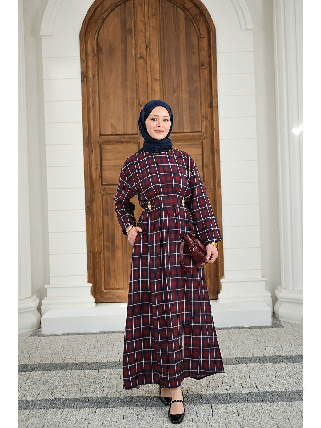 Kadın Ekose Desen Bronş Detay Arkadan Bağlamalı Elbise Bordo-1
