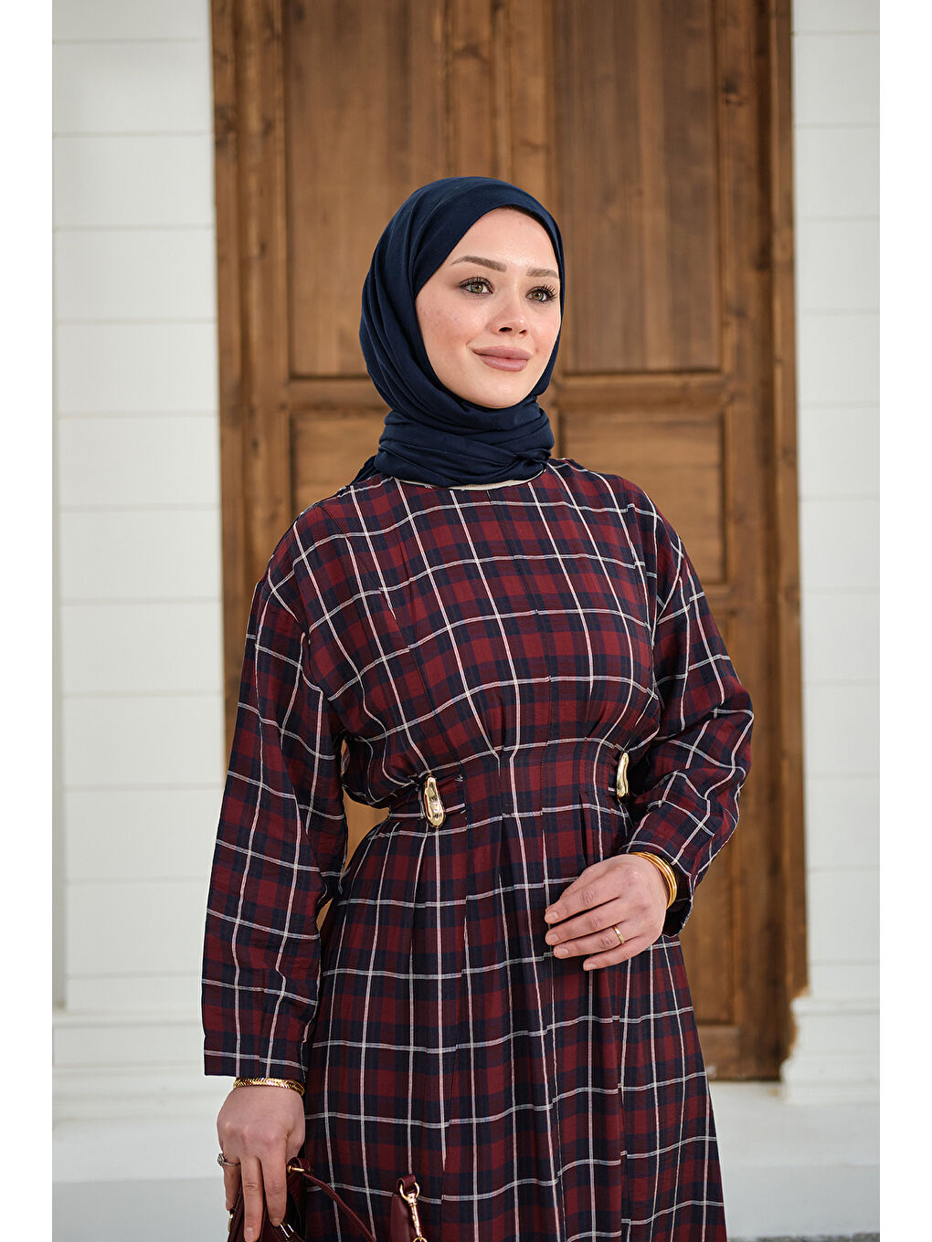 Kadın Ekose Desen Bronş Detay Arkadan Bağlamalı Elbise Bordo-2