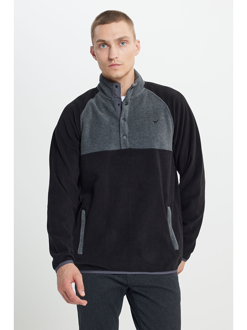 Erkek Siyah-Açık Melanj Standart Fit Normal Kesim Bato Yaka Desenli Polar-3