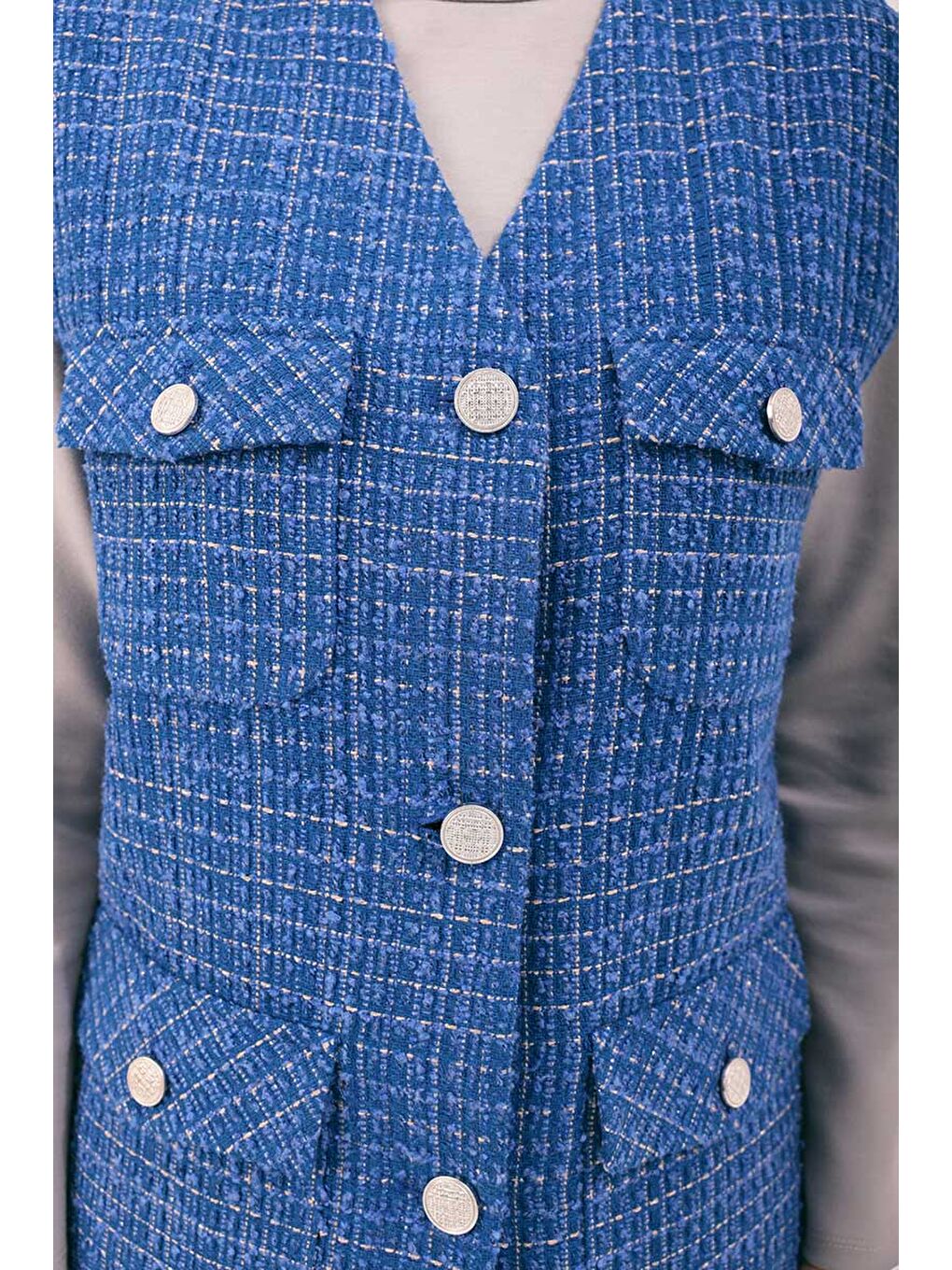 Mavi Saks Cep Detaylı Yelek-1