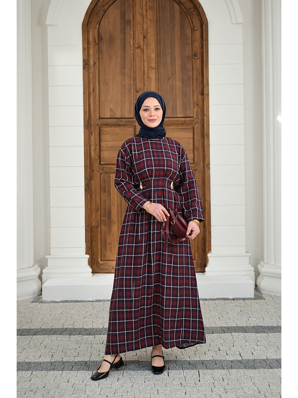 Kadın Ekose Desen Bronş Detay Arkadan Bağlamalı Elbise Bordo-3