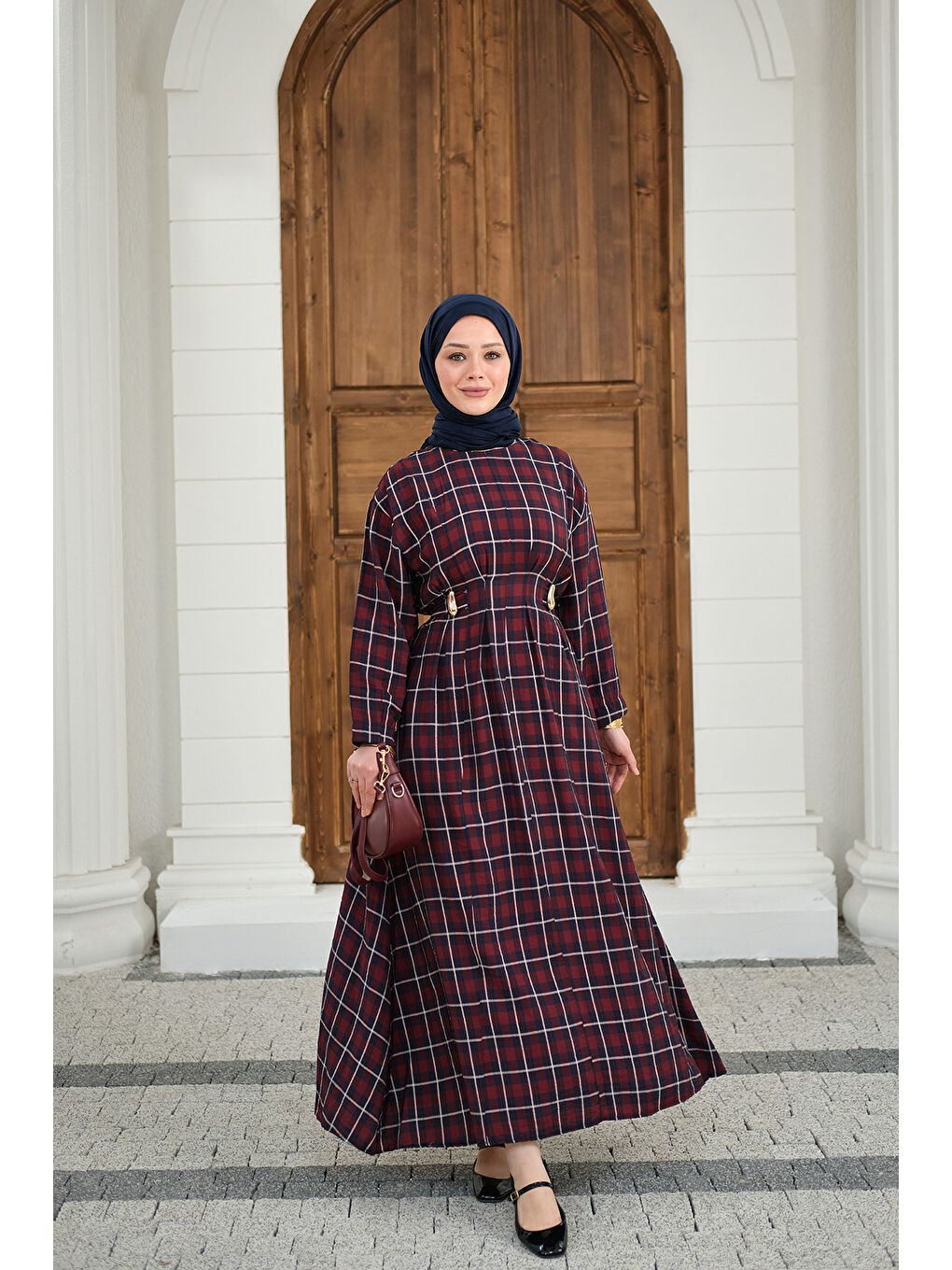 Kadın Ekose Desen Bronş Detay Arkadan Bağlamalı Elbise Bordo-4