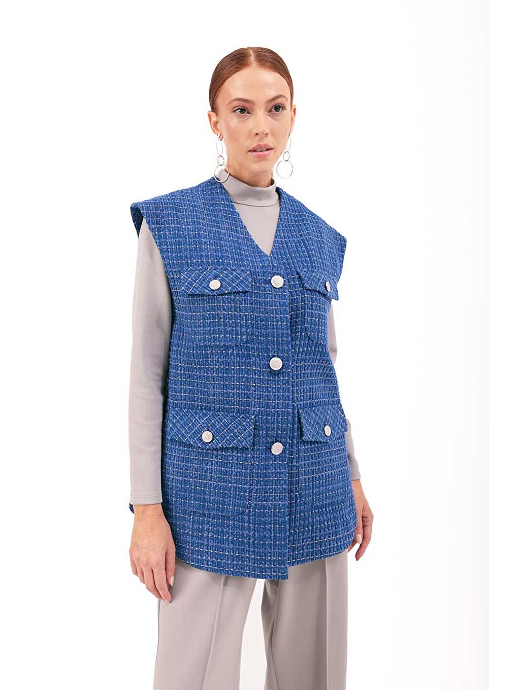 Mavi Saks Cep Detaylı Yelek-3