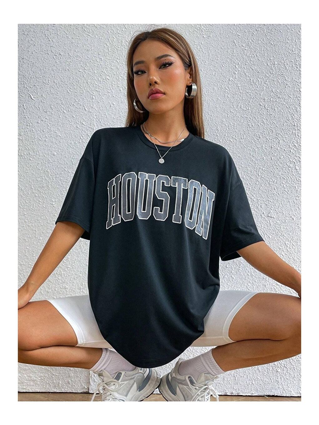 Trendseninle Siyah Kadın Siyah Houston Baskılı Oversize Tişört - 2