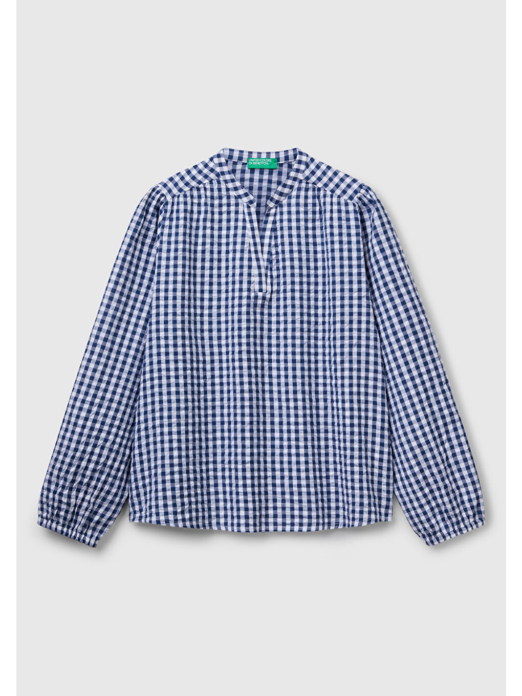 Kadın Mavi %100 Pamuk Pötikareli Relax Fit Mandarin V Yaka Bluz-1