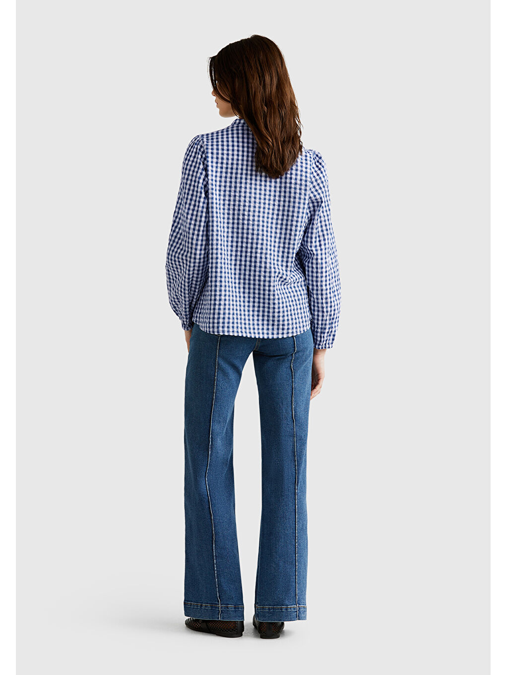 Kadın Mavi %100 Pamuk Pötikareli Relax Fit Mandarin V Yaka Bluz-2