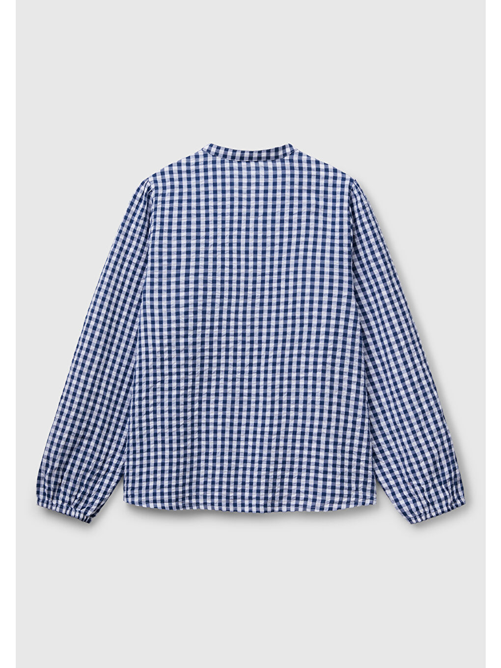 Kadın Mavi %100 Pamuk Pötikareli Relax Fit Mandarin V Yaka Bluz-3