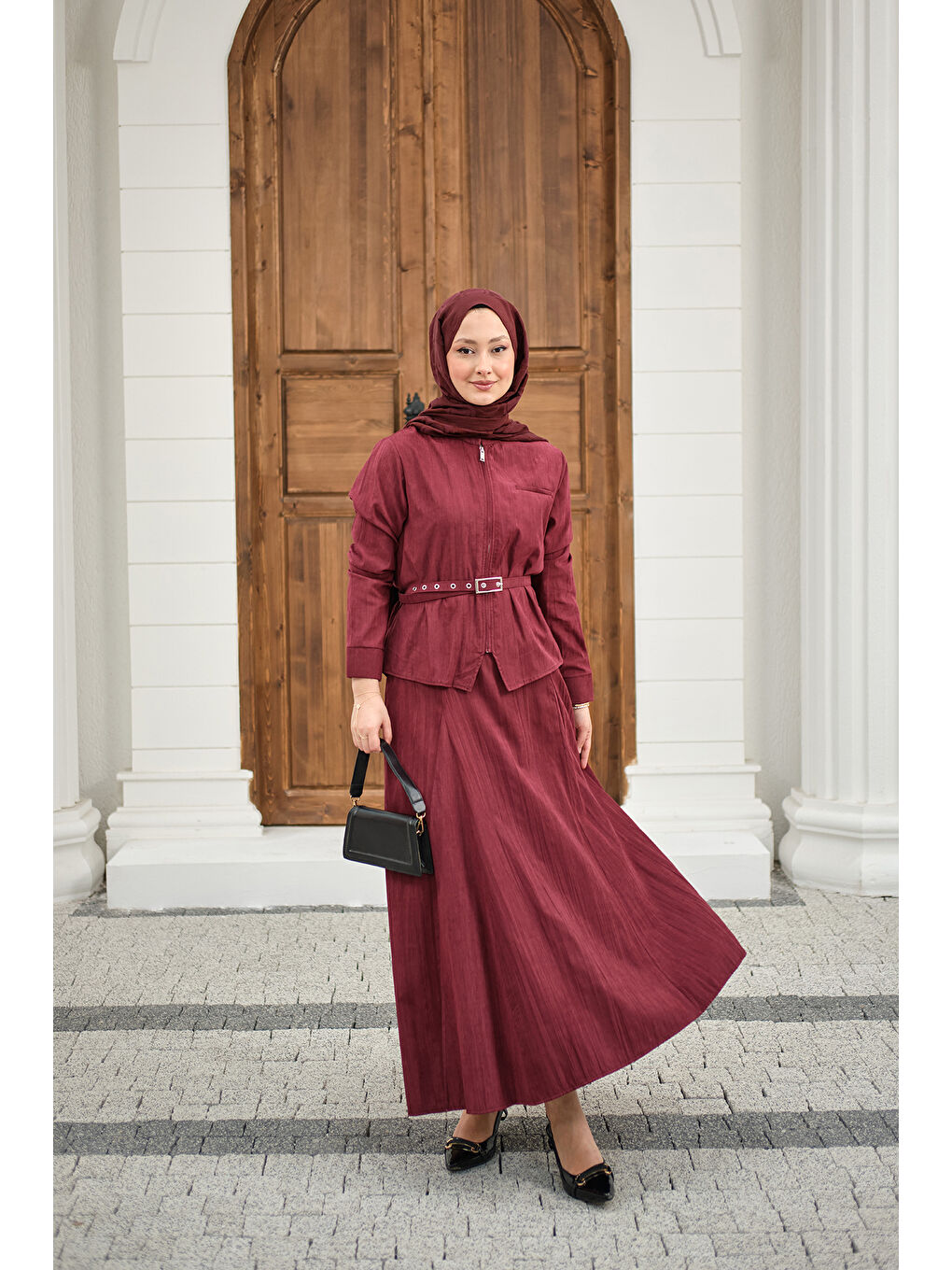 Kadın Fermuarlı Cep Detay Kemer Bağlamalı Etekli Takım Bordo