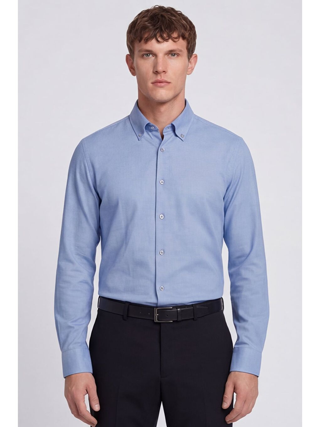 Erkek Mavi Dar Kesim Slim Fit Pamuklu Düz Örme Uzun Kollu Düğmeli Yaka Gömlek