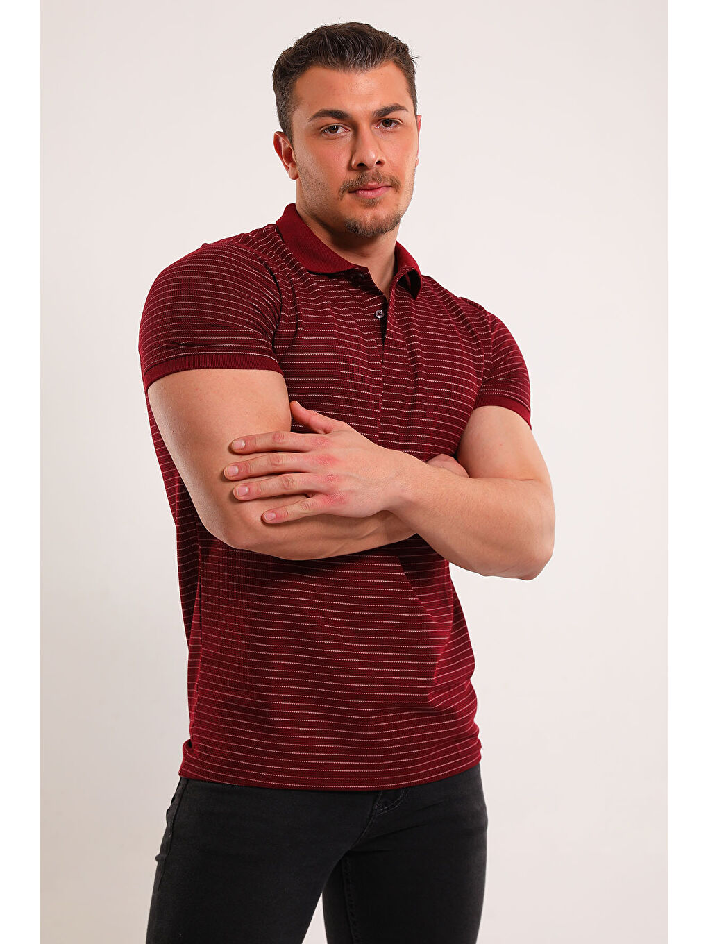 Mishar İtalia Bordo Erkek Slim Fit Polo Yaka Çizgili Elastanlı Tişört - 2