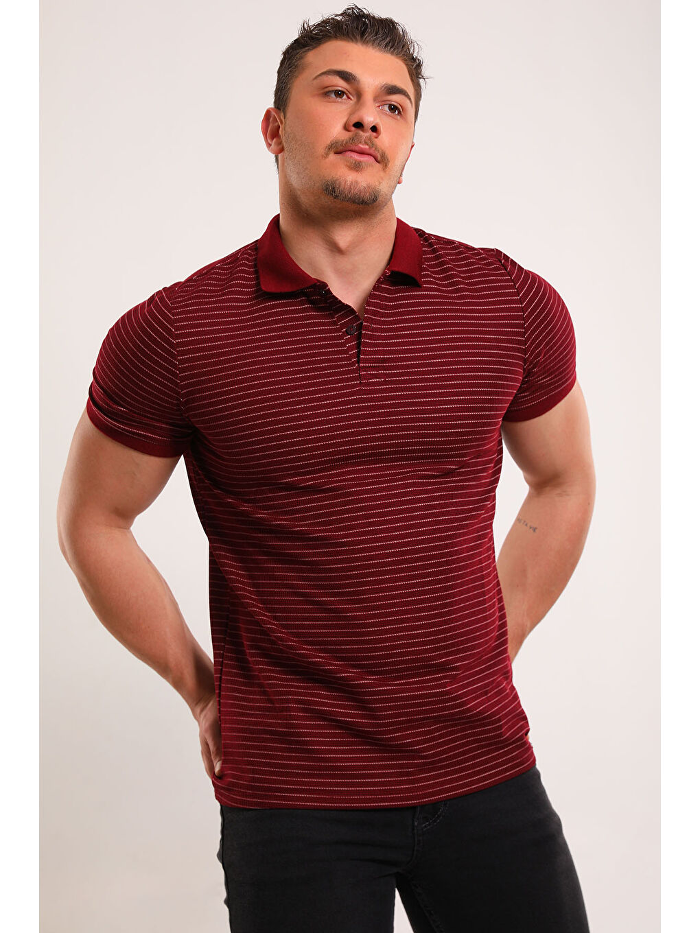 Mishar İtalia Bordo Erkek Slim Fit Polo Yaka Çizgili Elastanlı Tişört - 3