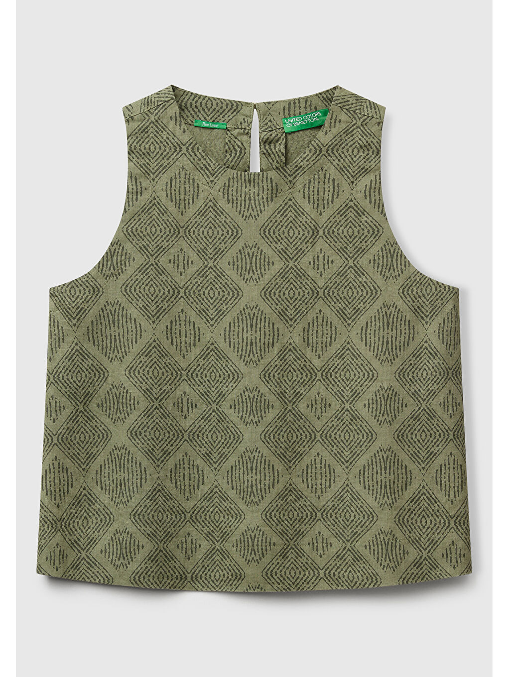 Kadın Haki %100 Keten Desenli Kolsuz Bluz-1