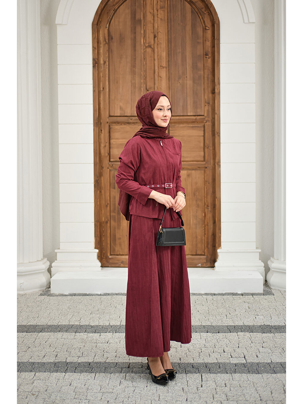 Kadın Fermuarlı Cep Detay Kemer Bağlamalı Etekli Takım Bordo-1