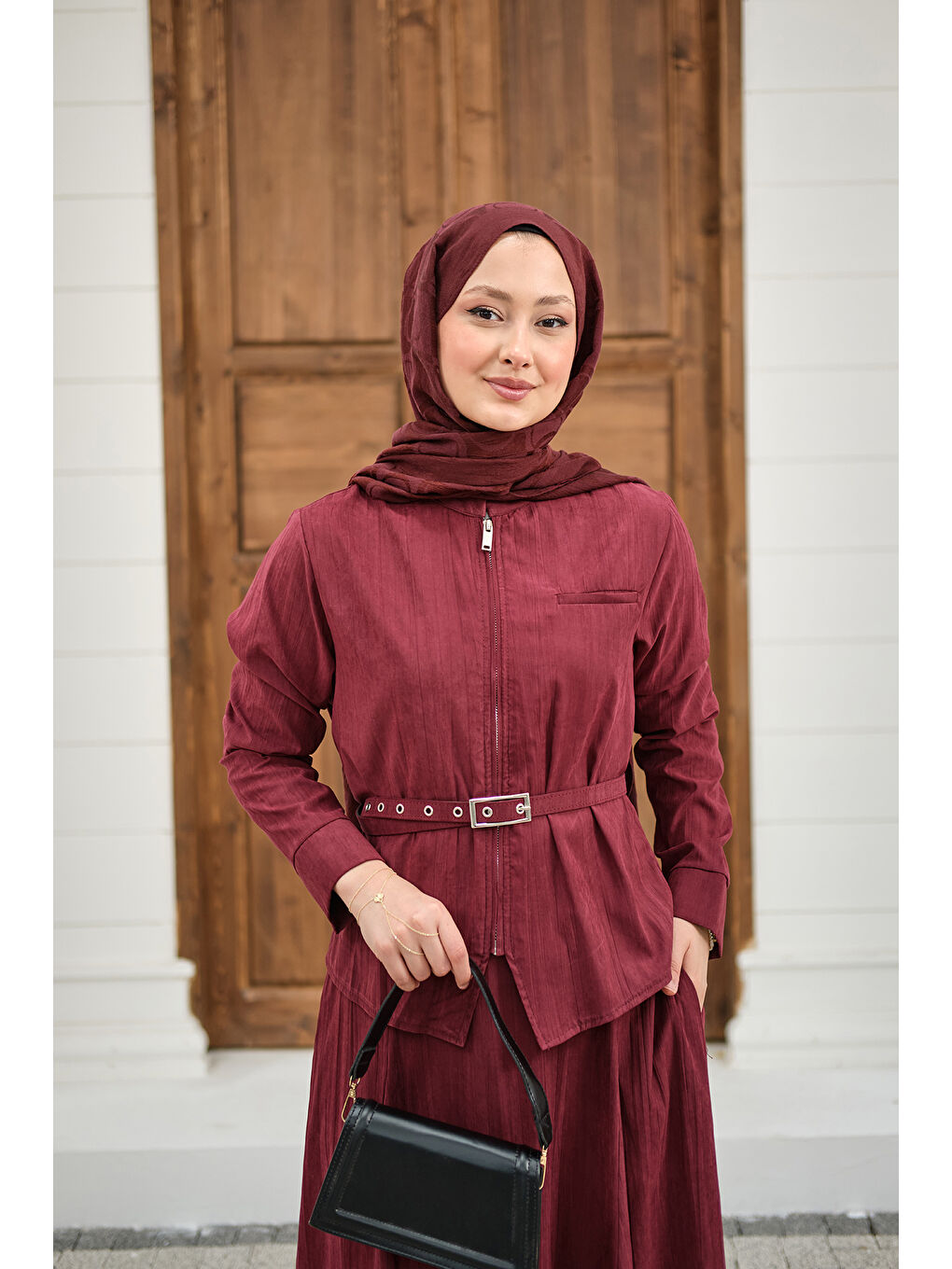 Kadın Fermuarlı Cep Detay Kemer Bağlamalı Etekli Takım Bordo-2