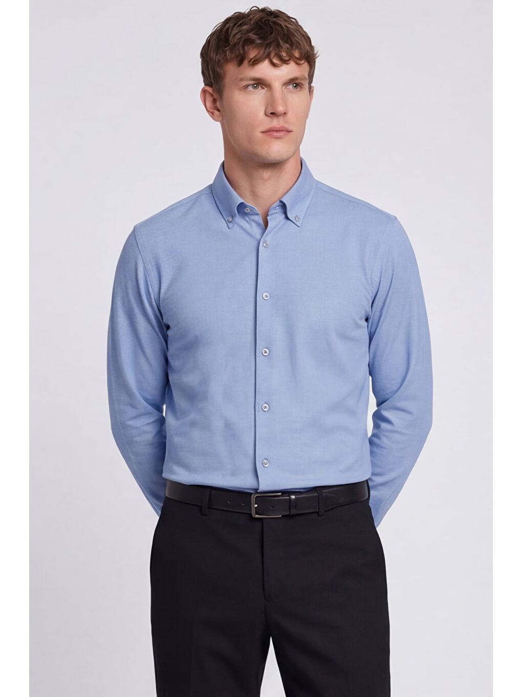 Erkek Mavi Dar Kesim Slim Fit Pamuklu Düz Örme Uzun Kollu Düğmeli Yaka Gömlek-2