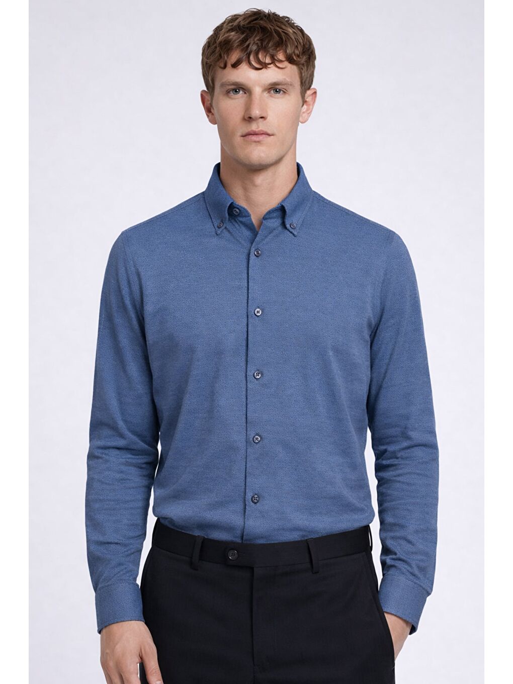 Erkek Lacivert Dar Kesim Slim Fit Pamuklu Düz Örme Uzun Kollu Düğmeli Yaka Gömlek