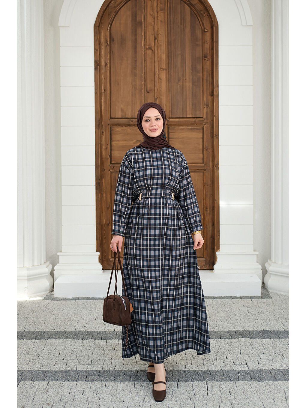 Kadın Ekose Desen Bronş Detay Arkadan Bağlamalı Elbise Lacivert