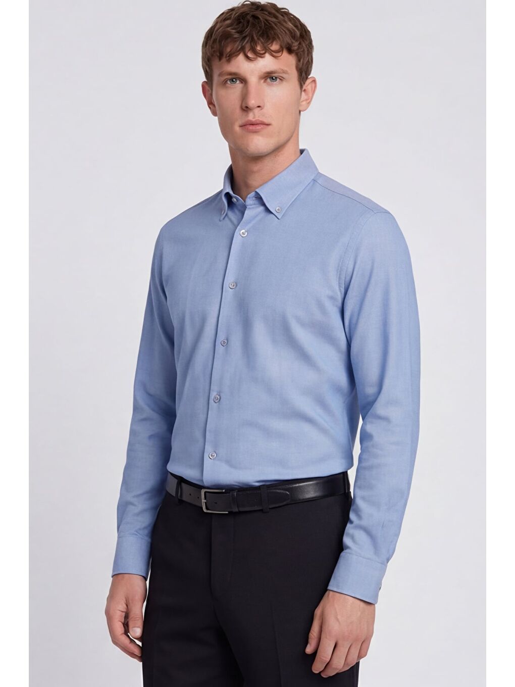Erkek Mavi Dar Kesim Slim Fit Pamuklu Düz Örme Uzun Kollu Düğmeli Yaka Gömlek-3
