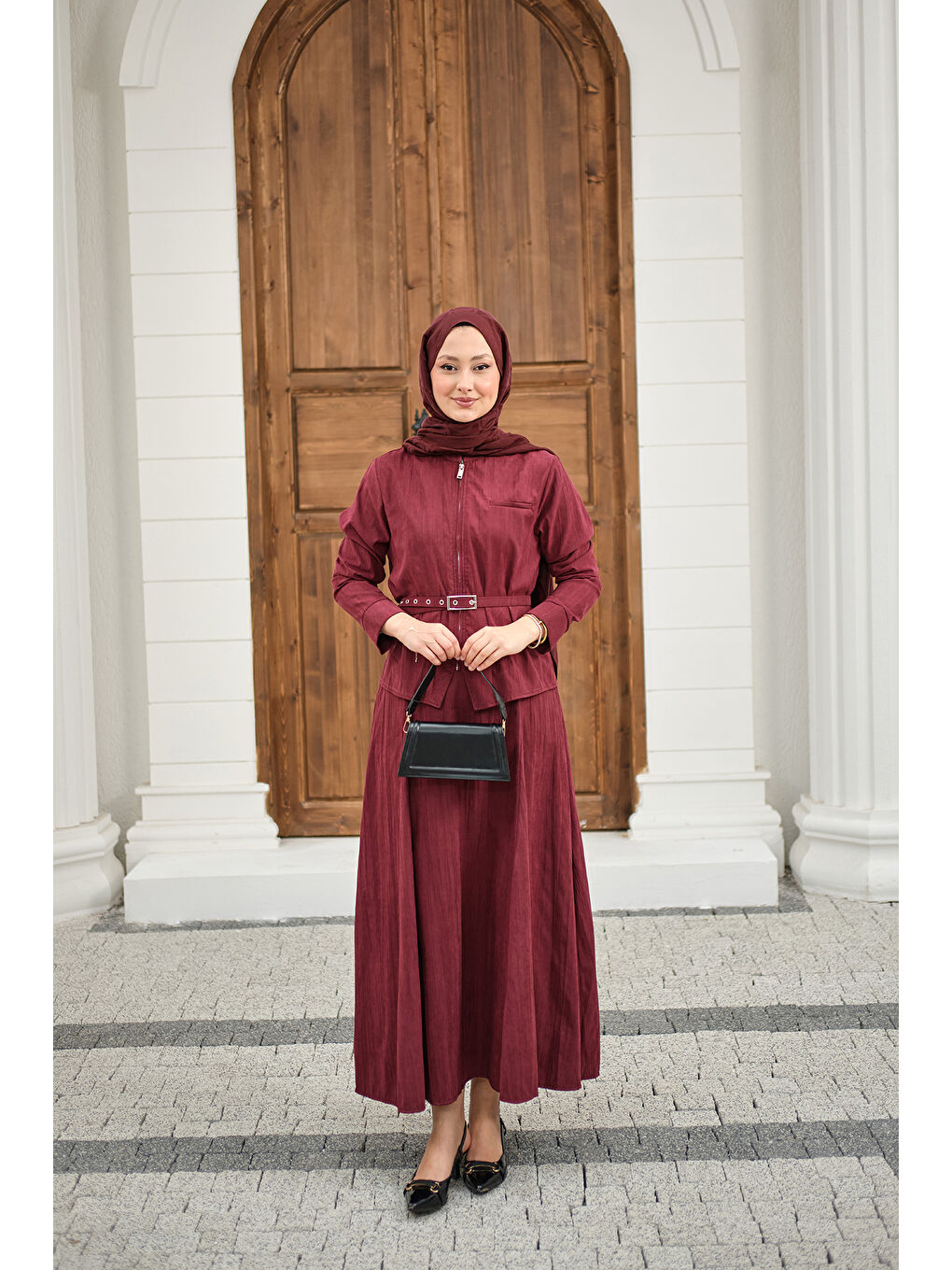 Kadın Fermuarlı Cep Detay Kemer Bağlamalı Etekli Takım Bordo-3