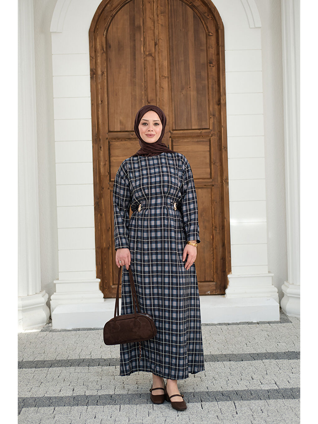 Kadın Ekose Desen Bronş Detay Arkadan Bağlamalı Elbise Lacivert-1