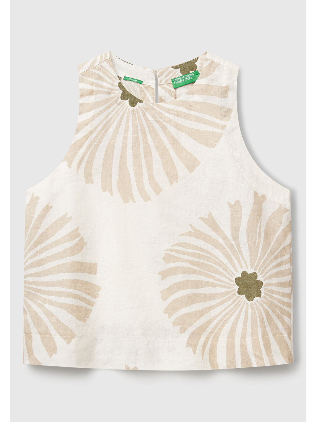 Ekru Kadın Krem %100 Keten Desenli Kolsuz Bluz-1