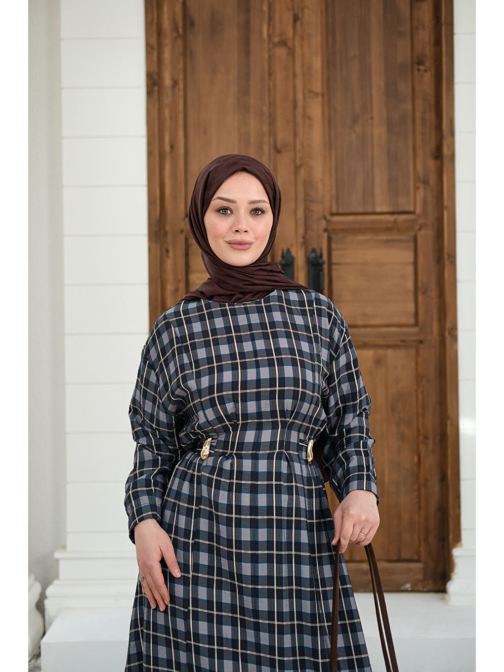 Kadın Ekose Desen Bronş Detay Arkadan Bağlamalı Elbise Lacivert-2