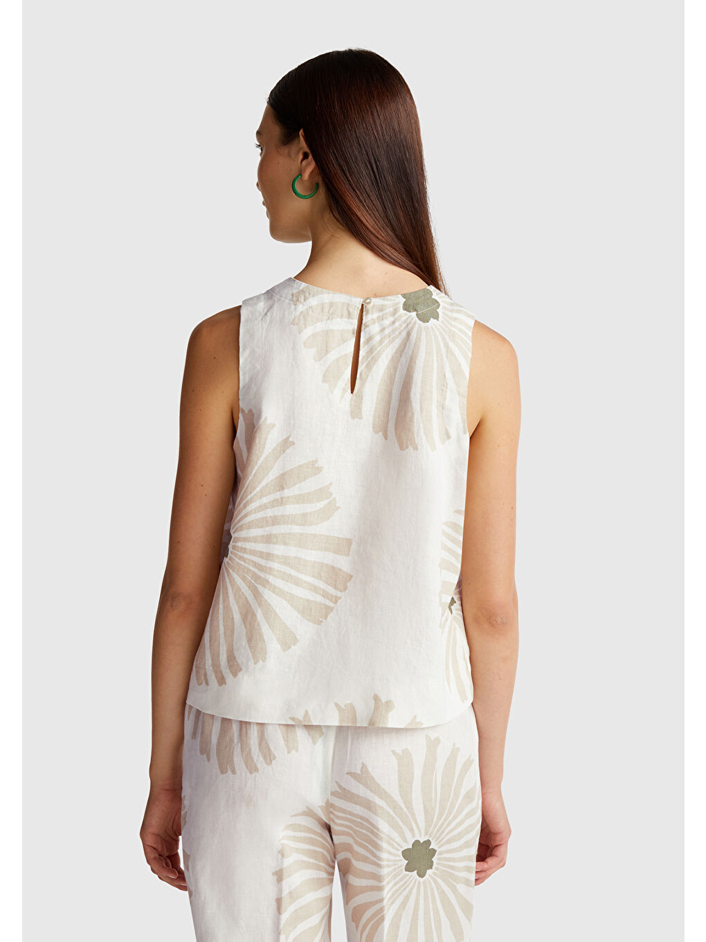 Ekru Kadın Krem %100 Keten Desenli Kolsuz Bluz-2