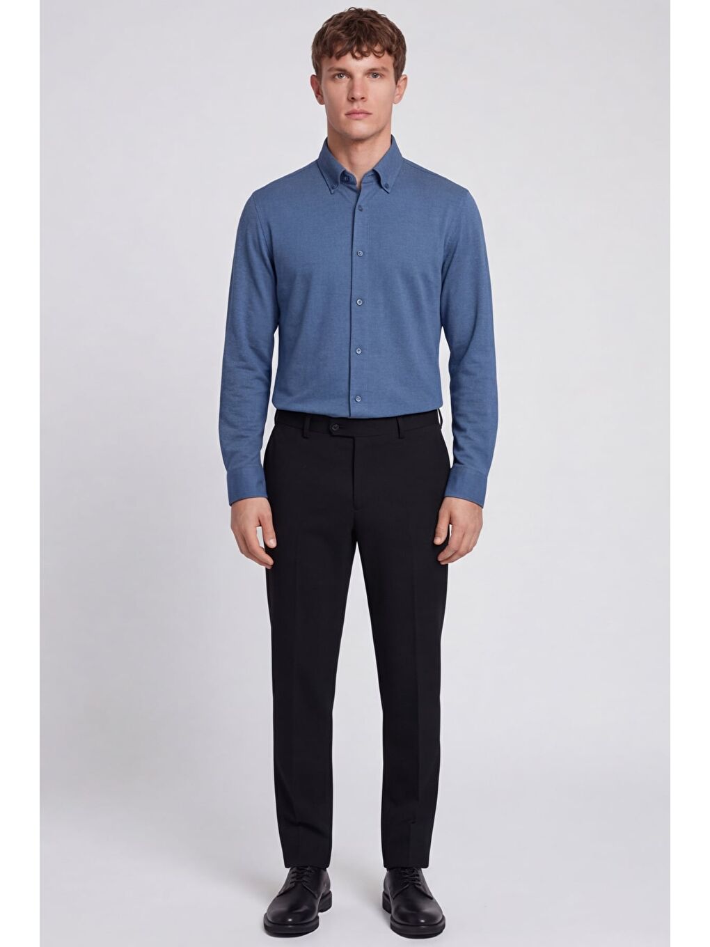 Erkek Lacivert Dar Kesim Slim Fit Pamuklu Düz Örme Uzun Kollu Düğmeli Yaka Gömlek-1