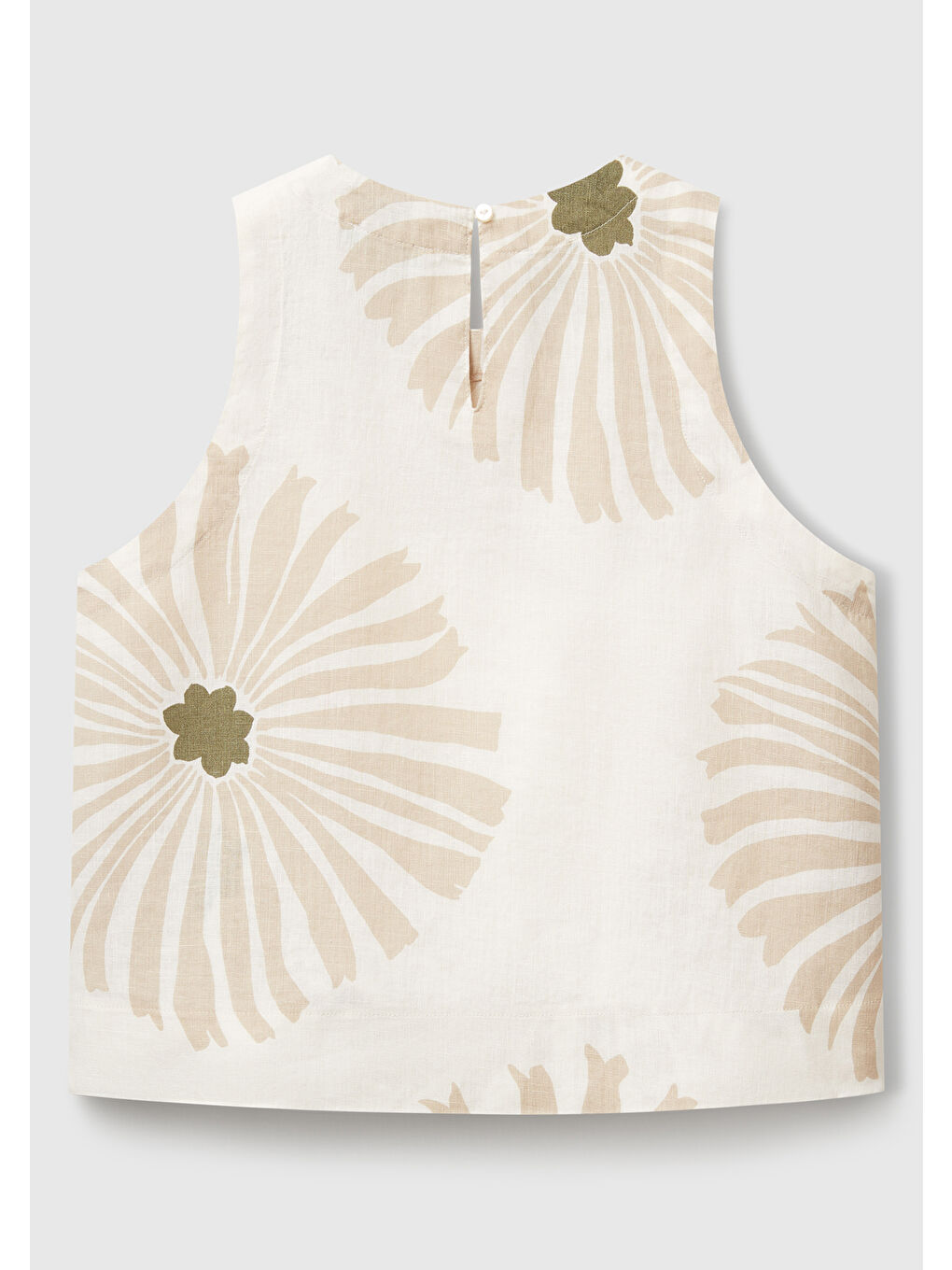 Ekru Kadın Krem %100 Keten Desenli Kolsuz Bluz-3