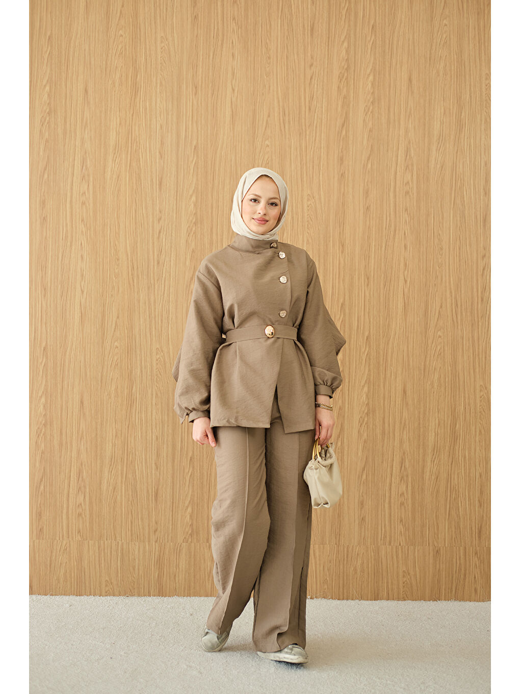 Sarı Kadın Gold Kemerli Düğme Detay Takım Hardal-4