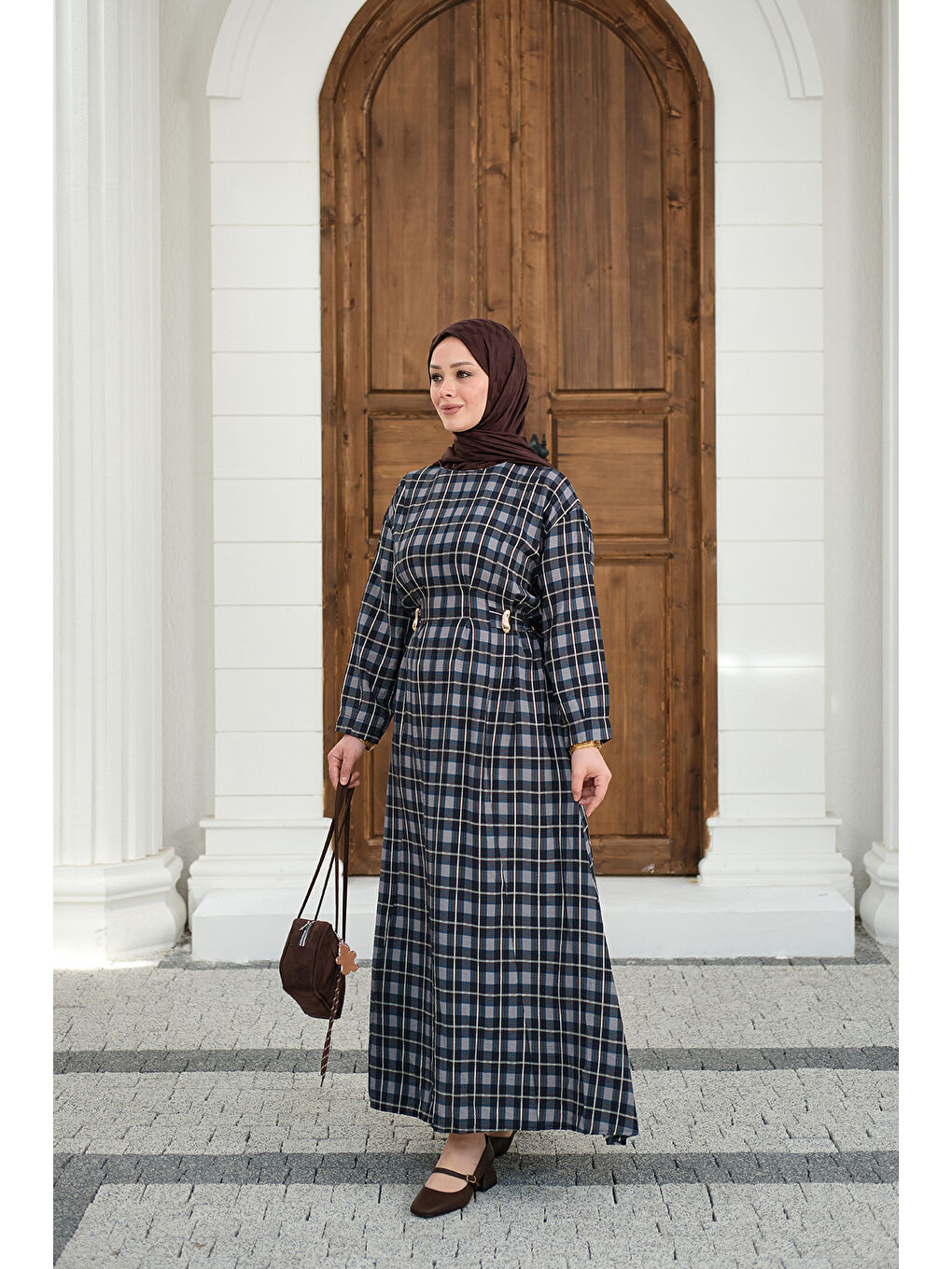 Kadın Ekose Desen Bronş Detay Arkadan Bağlamalı Elbise Lacivert-3