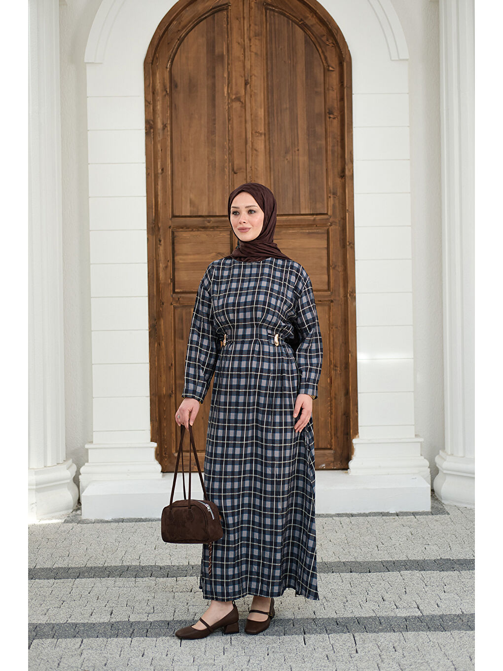 Kadın Ekose Desen Bronş Detay Arkadan Bağlamalı Elbise Lacivert-4