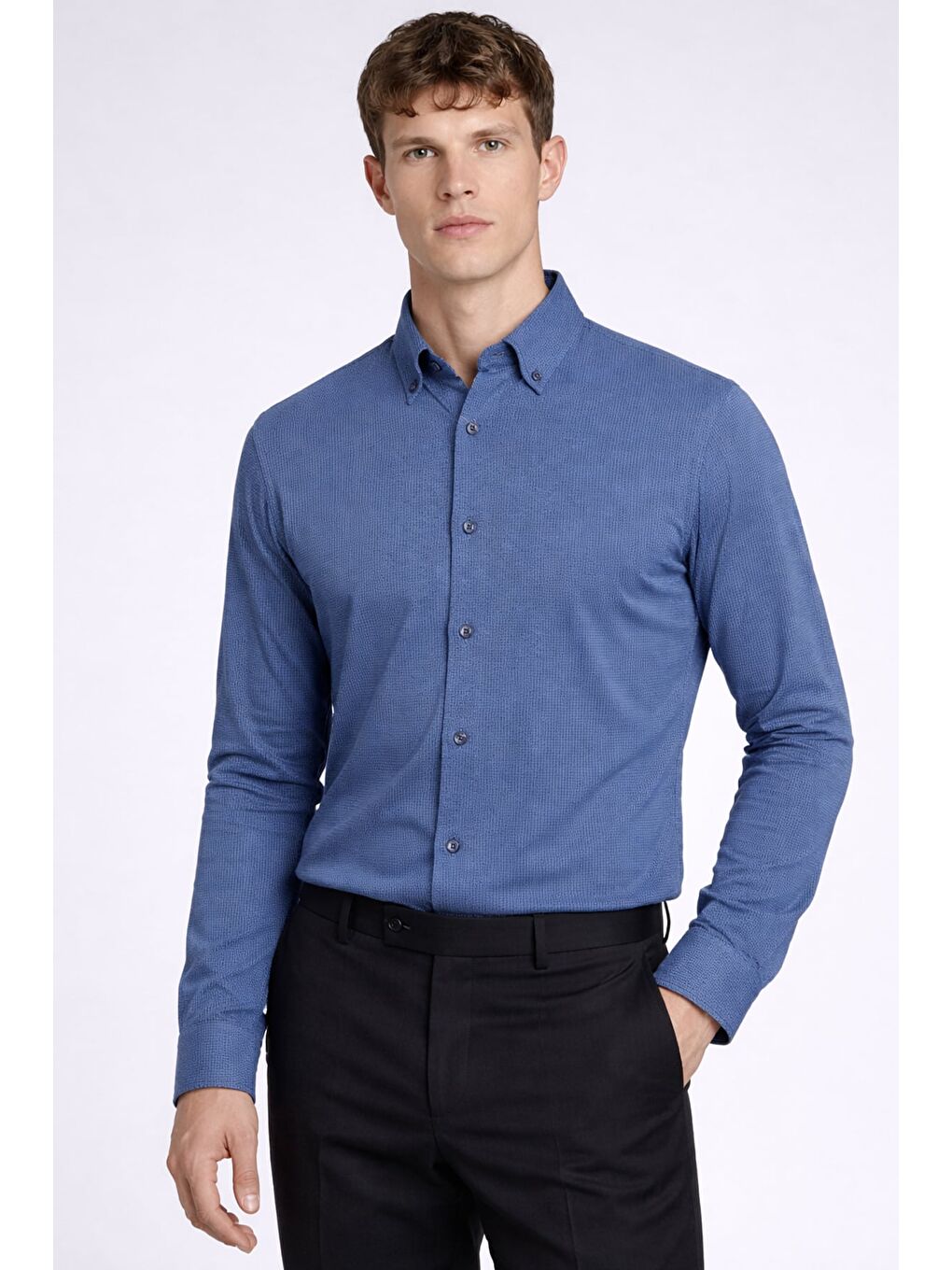Erkek Lacivert Dar Kesim Slim Fit Pamuklu Düz Örme Uzun Kollu Düğmeli Yaka Gömlek-2