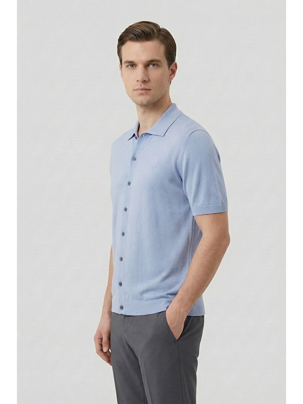 Açık Mavi Regular Fit Triko Polo Yaka Erkek Gömlek-2