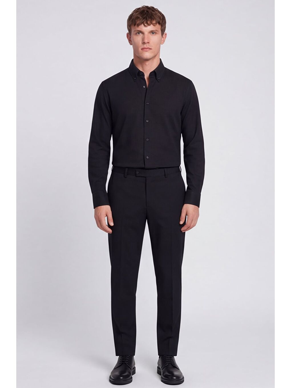 Erkek Siyah Dar Kesim Slim Fit Pamuklu Düz Örme Uzun Kollu Düğmeli Yaka Gömlek-1