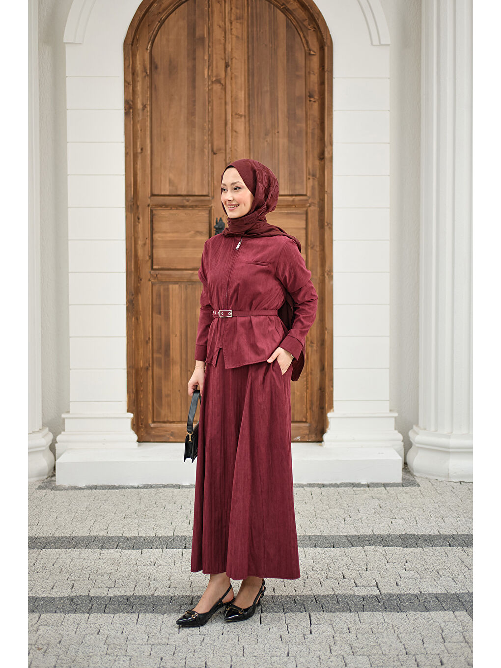 Kadın Fermuarlı Cep Detay Kemer Bağlamalı Etekli Takım Bordo-4