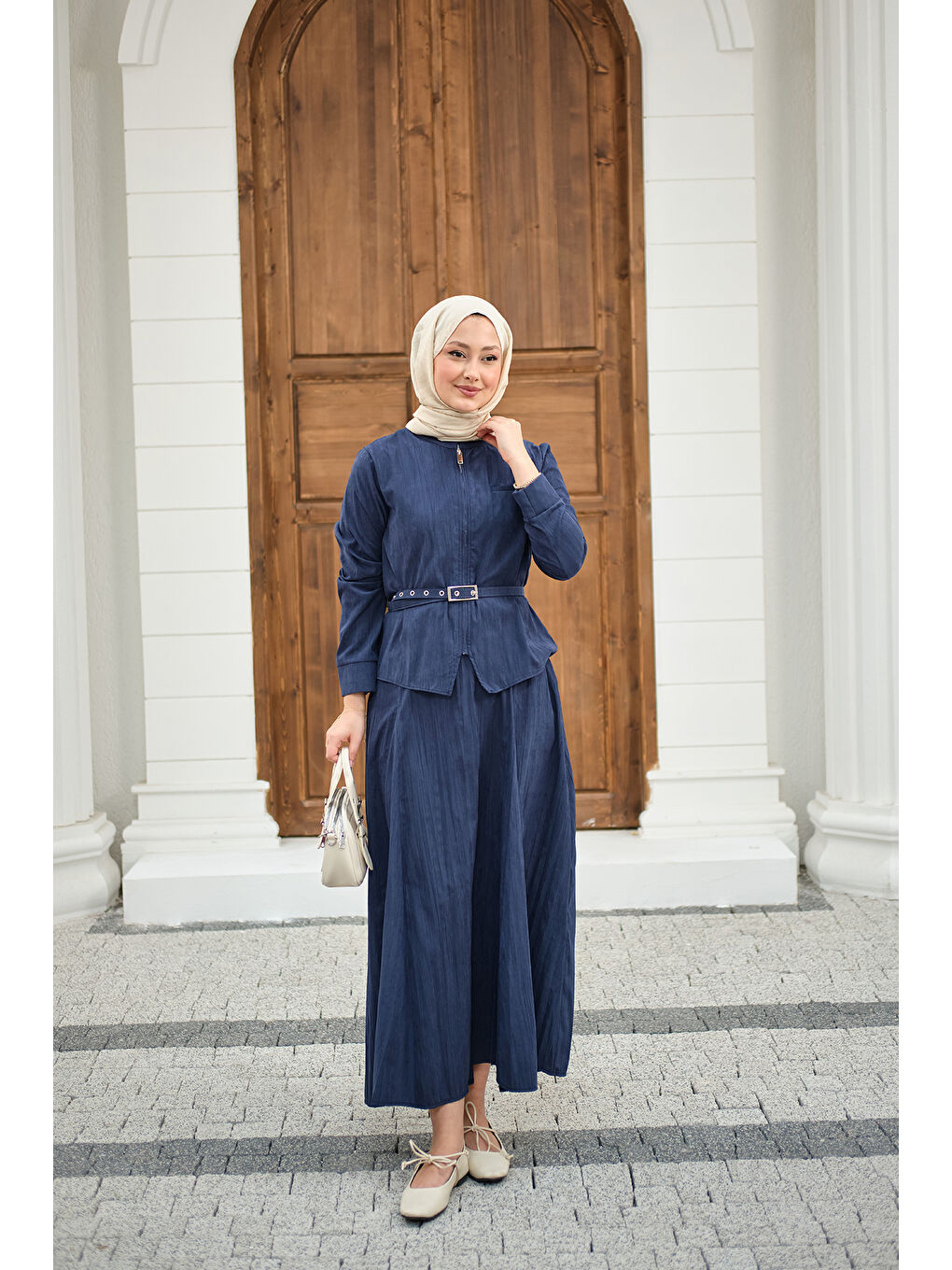 Kadın Fermuarlı Cep Detay Kemer Bağlamalı Etekli Takım Lacivert