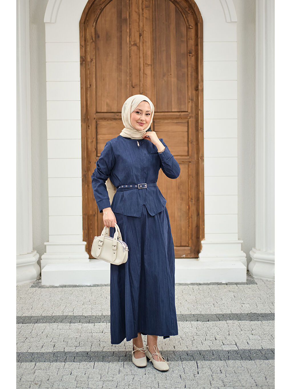 Kadın Fermuarlı Cep Detay Kemer Bağlamalı Etekli Takım Lacivert-1