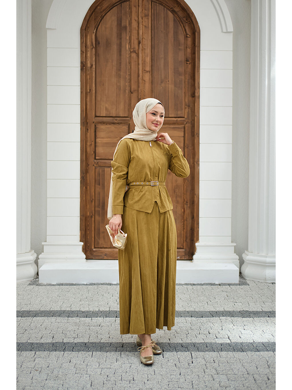 Kadın Fermuarlı Cep Detay Kemer Bağlamalı Etekli Takım Yağ Yeşil-1