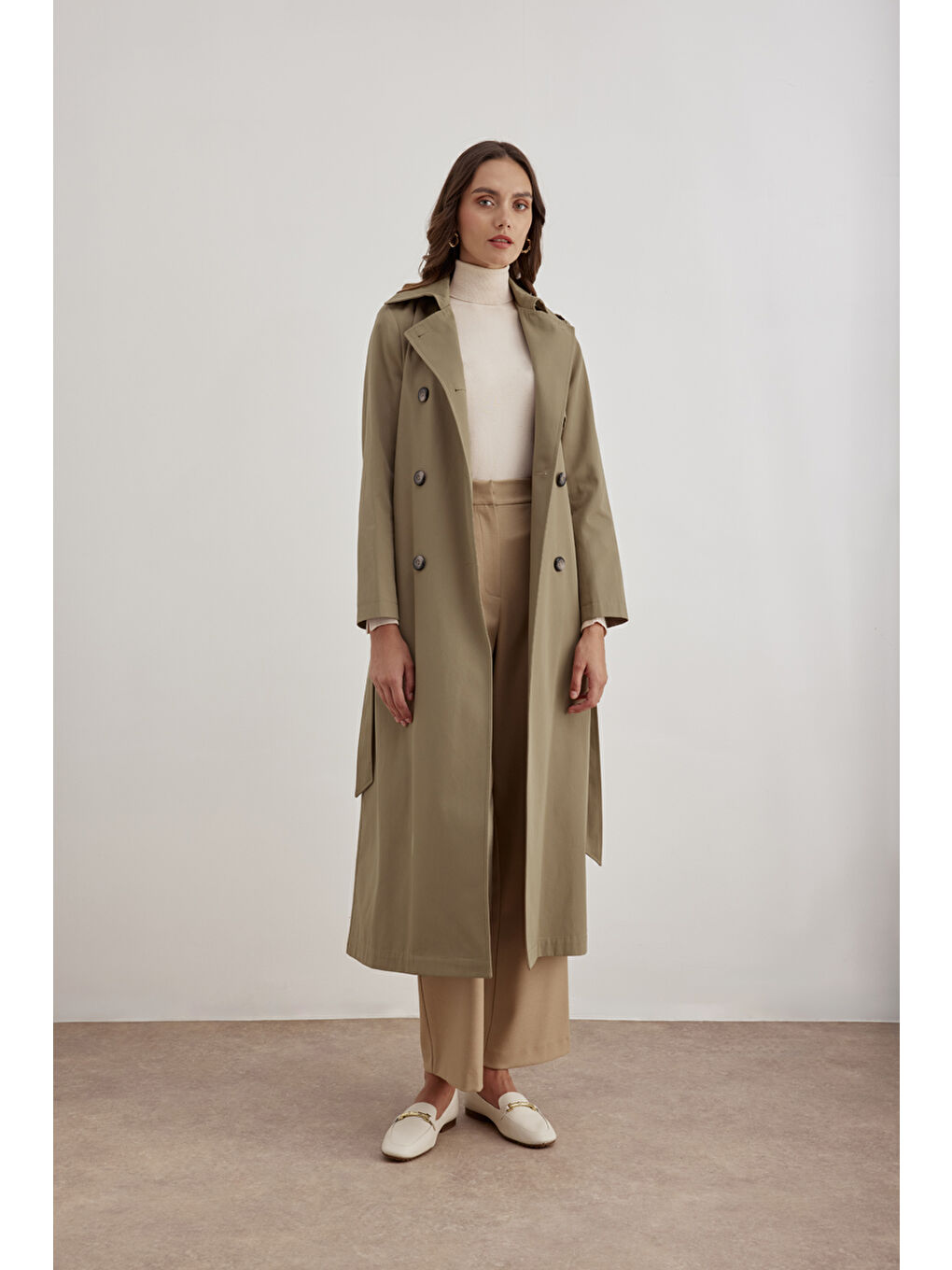 Bej Vizon Kuşaklı Trençkot-1